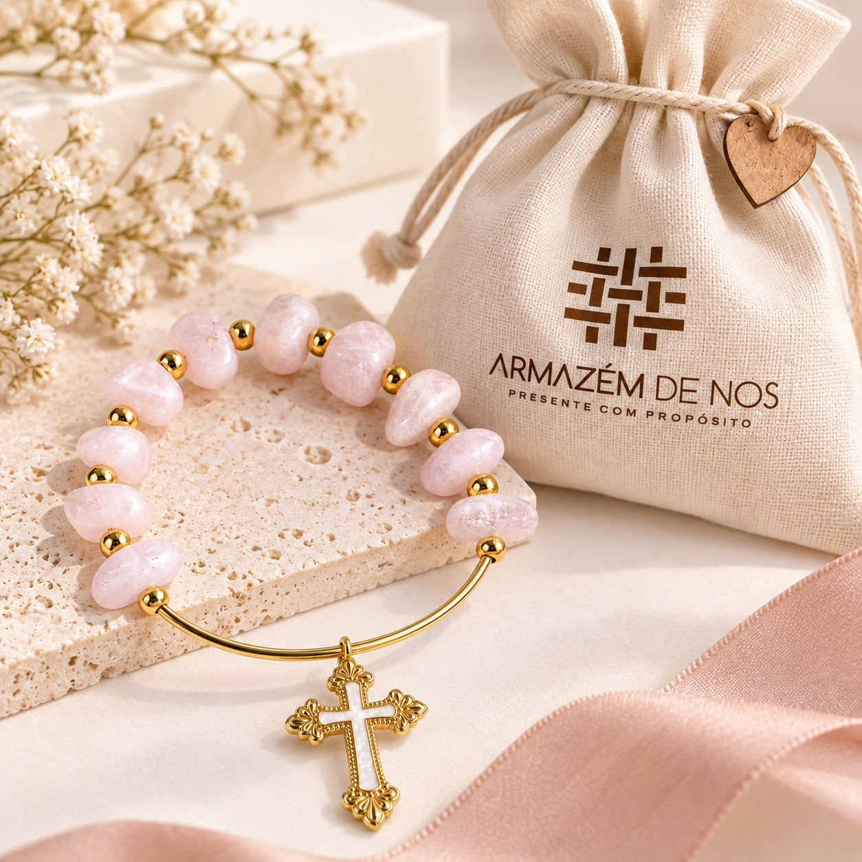 Terço Adorno Decorativo Quartzo Rosa com Cruz de Madrepérola