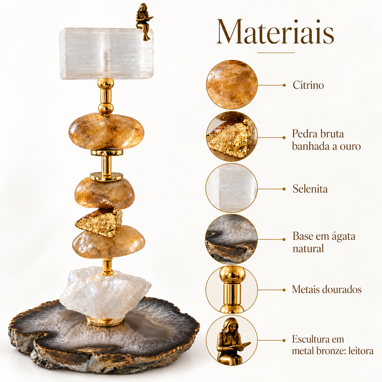 Escultura Decorativa em Citrino, Selenita e Ágata Natural com Leitora em Bronze – 25 cm