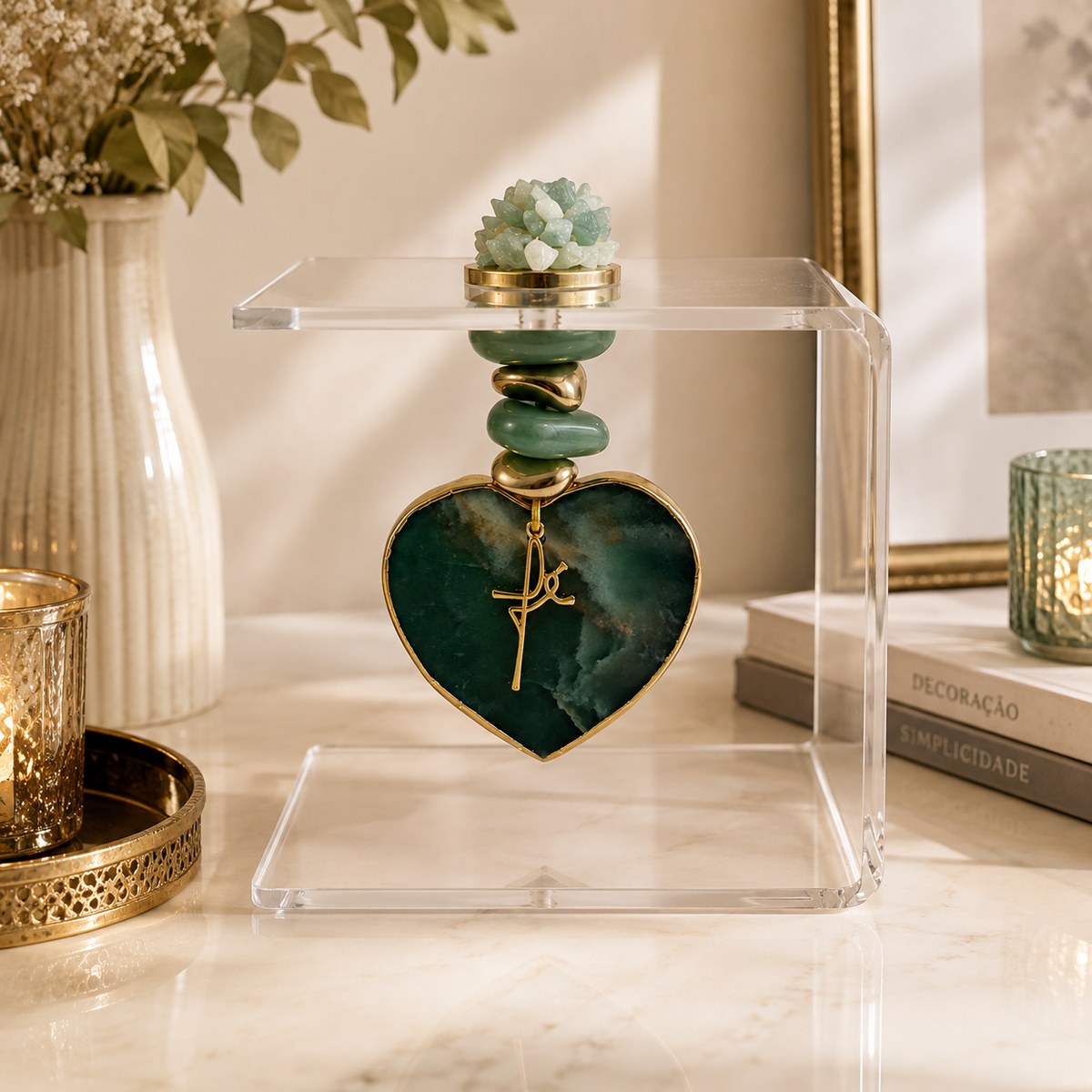 Suporte Decorativo Acrílico com Coração de Quartzo Verde Pedra Natural- AN247
