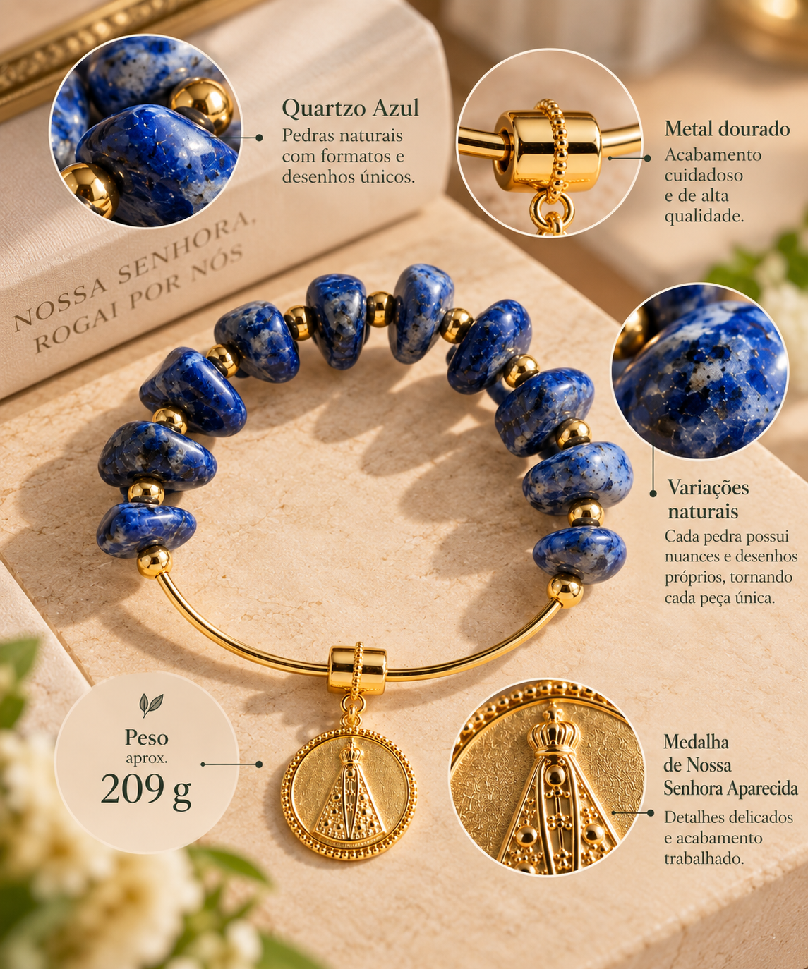 Terço Adorno Decorativo em Quartzo Azul com Medalha de Nossa Senhora Aparecida