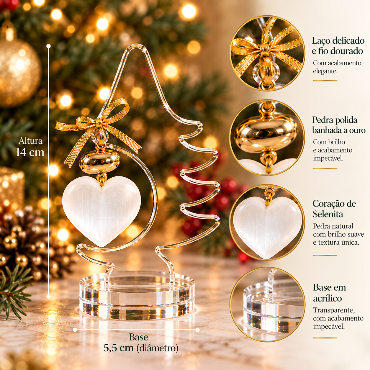 Árvore de Natal Decorativa em Acrílico com Coração de Selenita Natural 14 cm