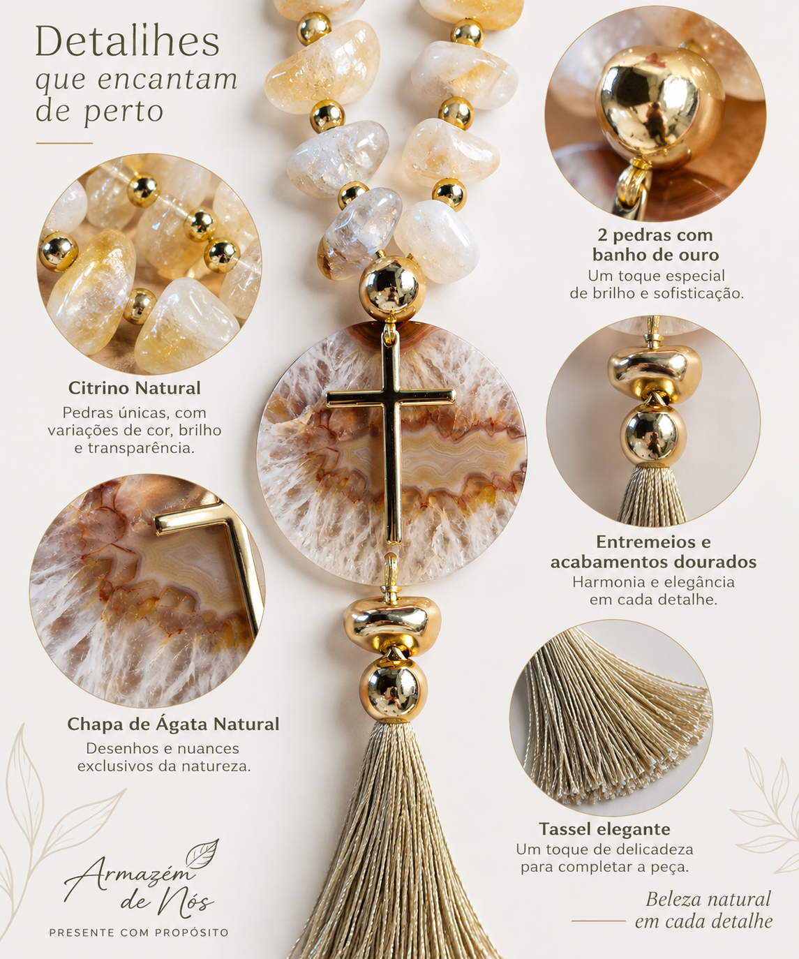 Terço Decorativo em Citrino com Chapa de Ágata Natural e Cruz Dourada 32 cm