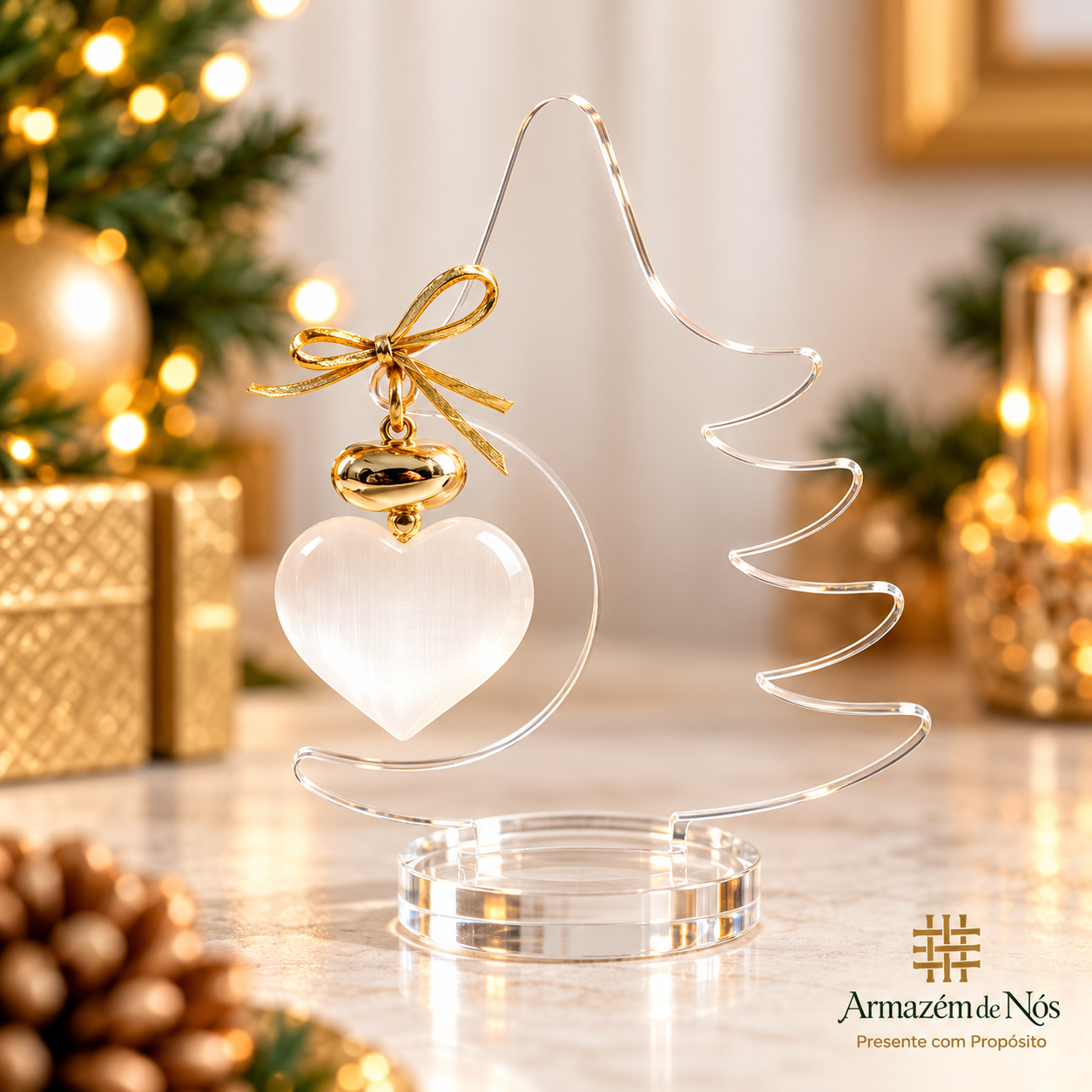Árvore de Natal Decorativa em Acrílico com Coração de Selenita Natural 14 cm