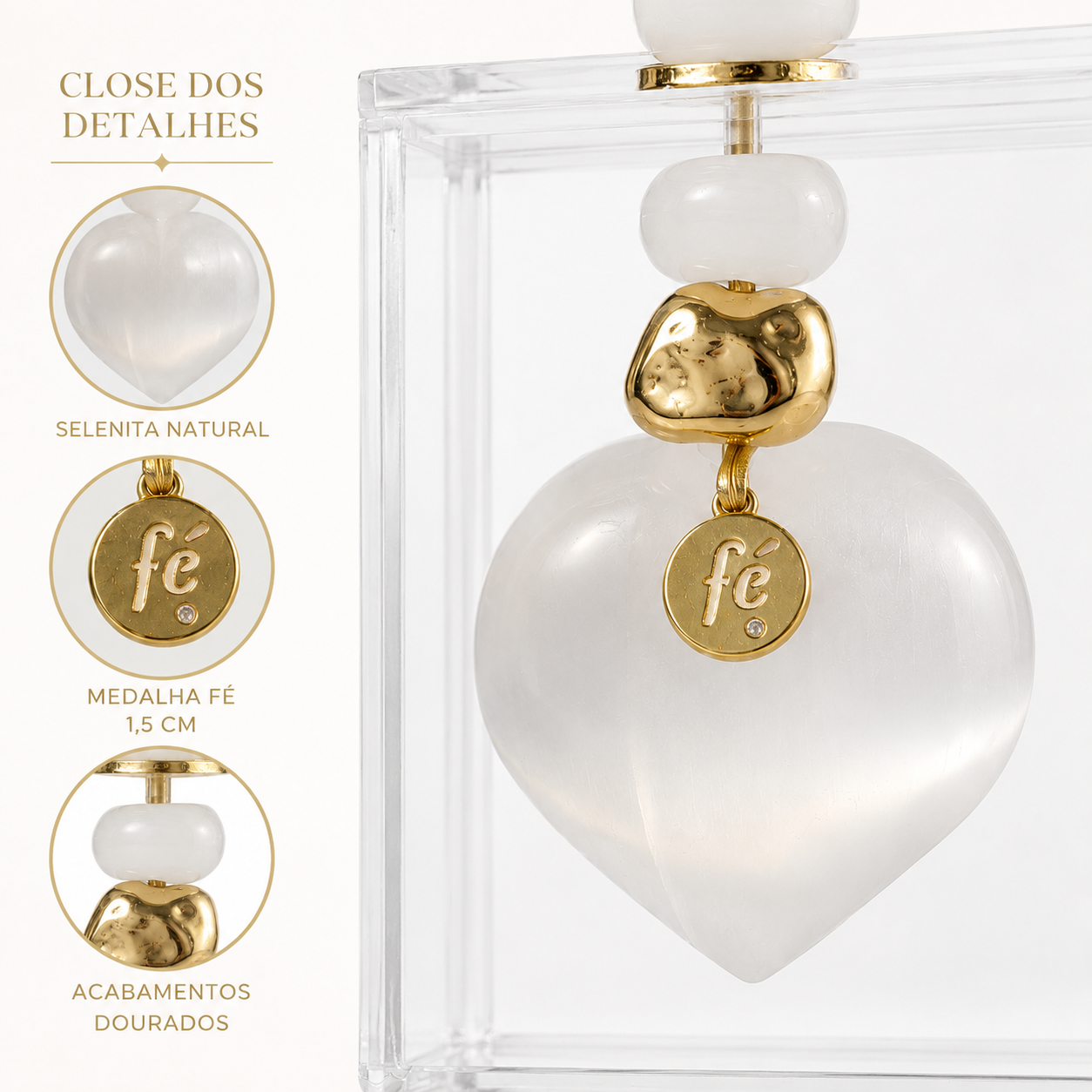 Caixa Acrílica Decorativa com Coração de Selenita Natural e Detalhes Dourados - AN226