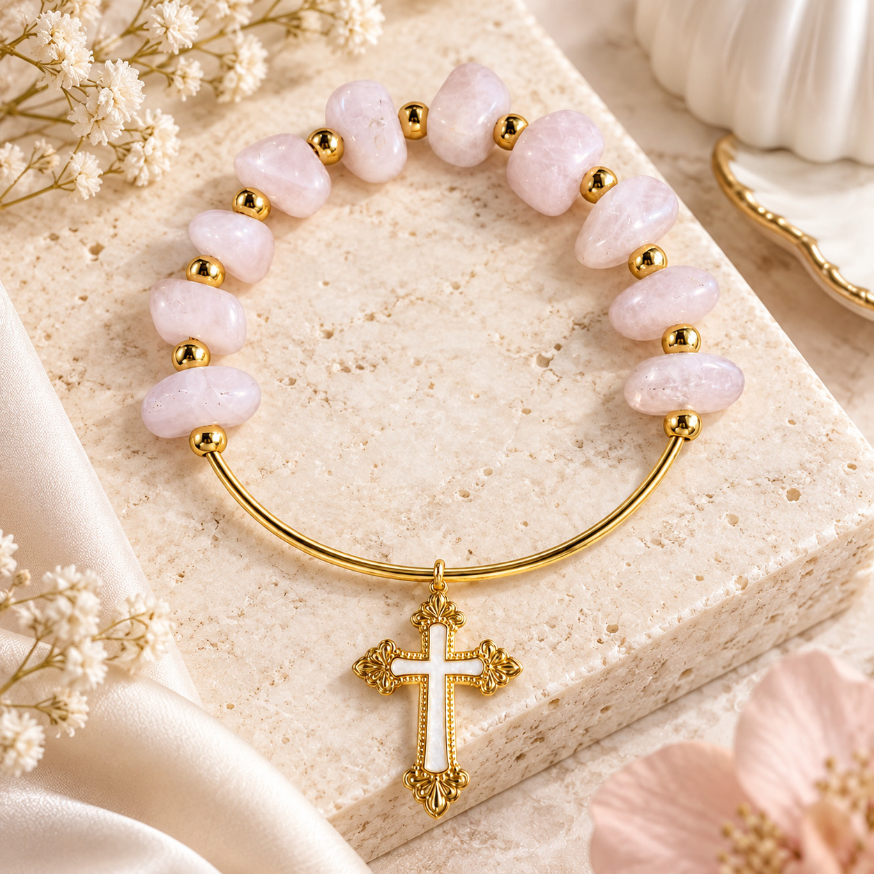 Terço Adorno Decorativo Quartzo Rosa com Cruz de Madrepérola