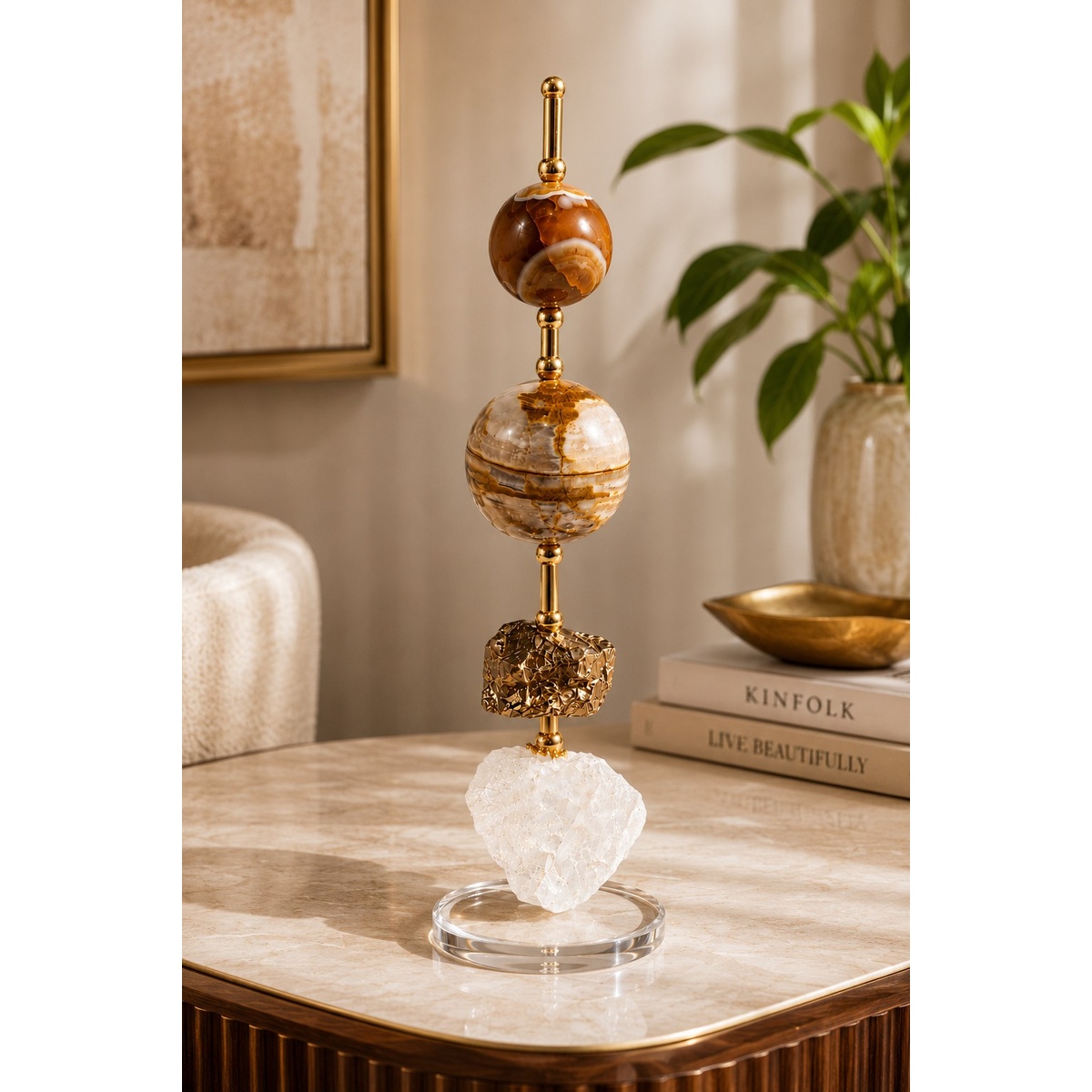 Escultura Decorativa em Ágata Natural com Quartzo Perolizado e Base Acrílica- AN244