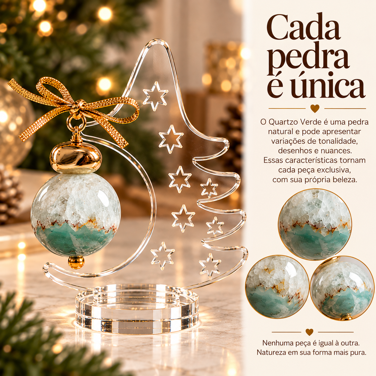 Árvore de Natal Decorativa em Acrílico com Esfera de Quartzo Verde – 14 cm
