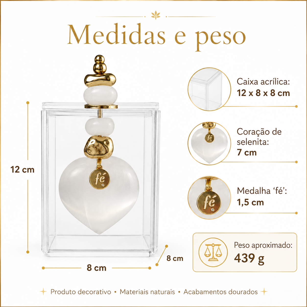 Caixa Acrílica Decorativa com Coração de Selenita Natural e Detalhes Dourados - AN226