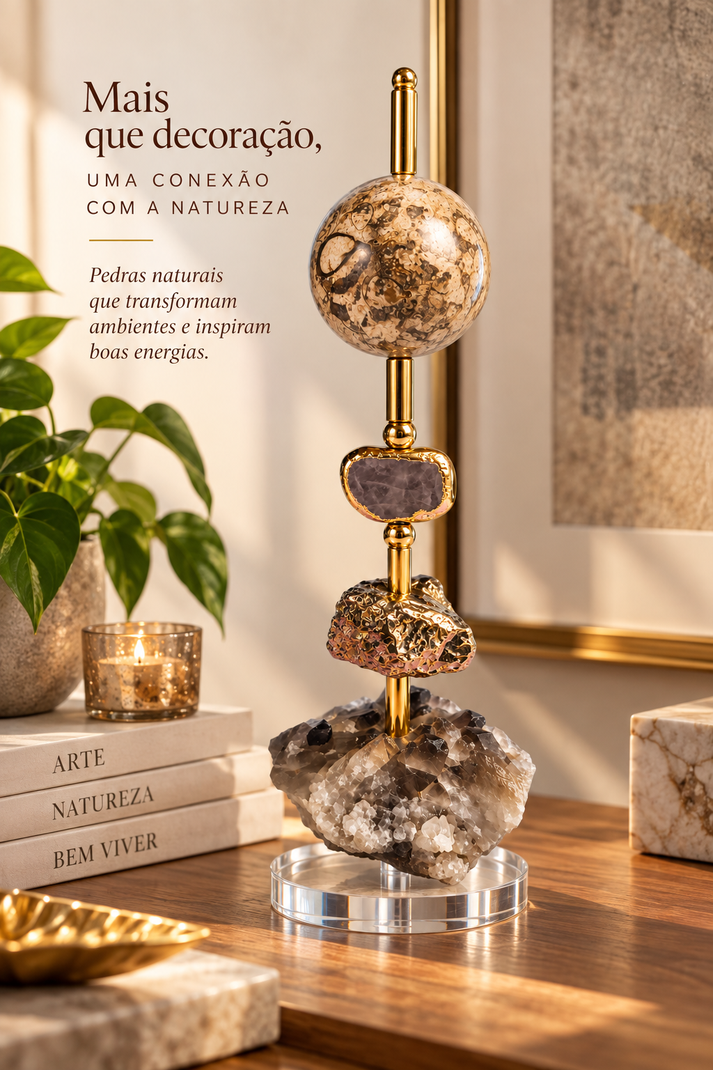 Escultura Decorativa em Ágata Fóssil e Quartzo Fumê com Detalhes Dourados – 32 cm