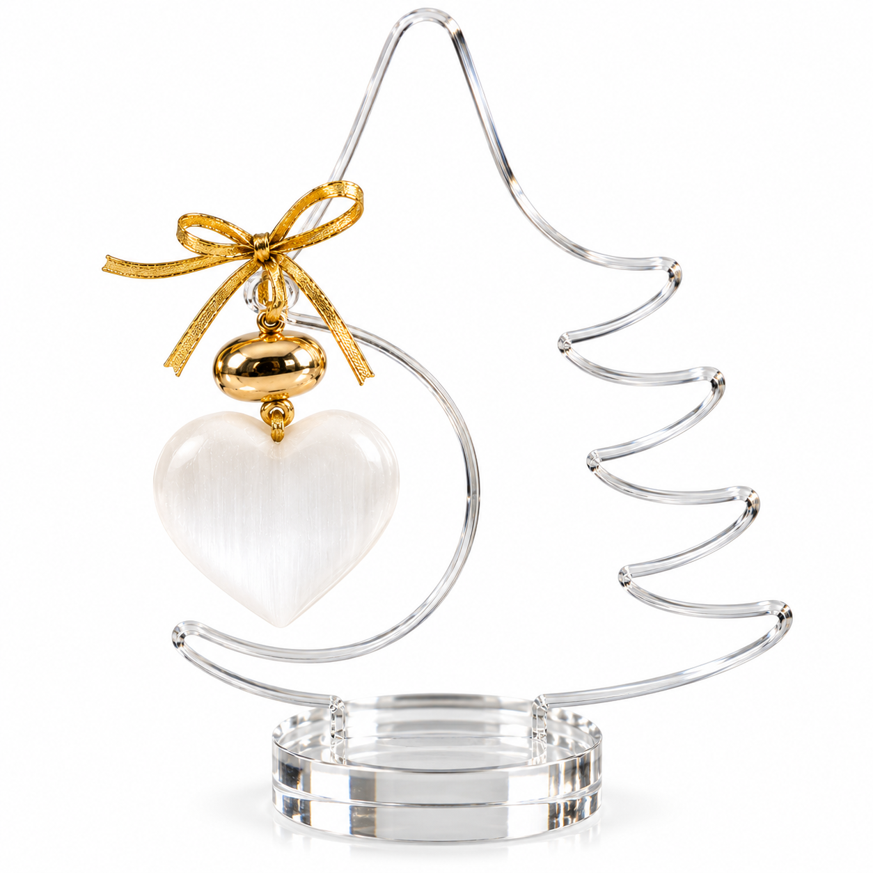 Árvore de Natal Decorativa em Acrílico com Coração de Selenita Natural 14 cm